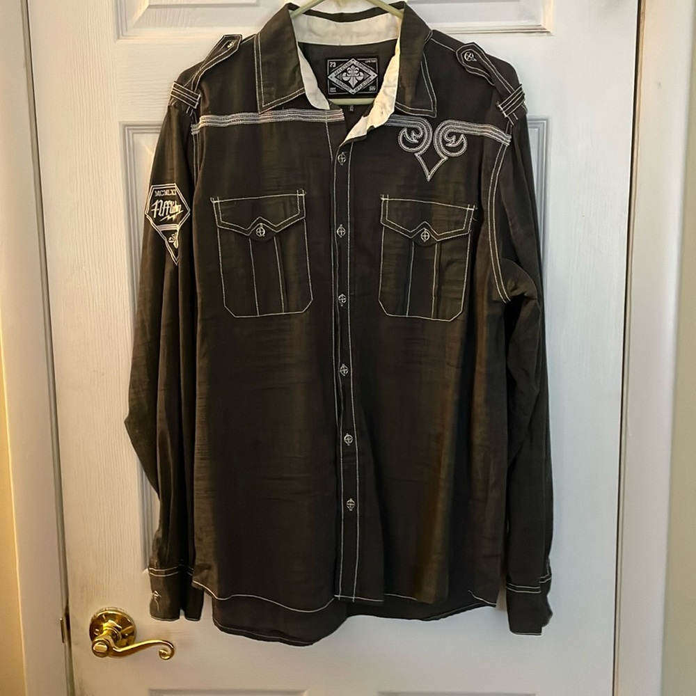 Affliction along Sleeve Button Up Shirt Gray white stitching